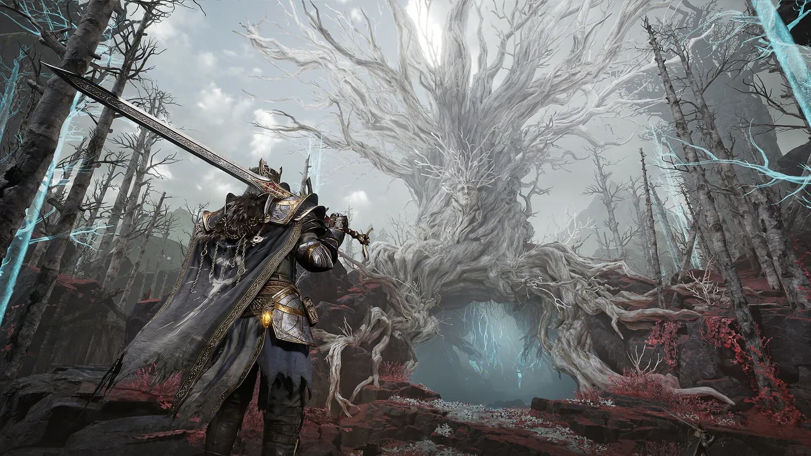 Official Mistfall Hunter screenshot showing a lone armored hunter in a ruined forest